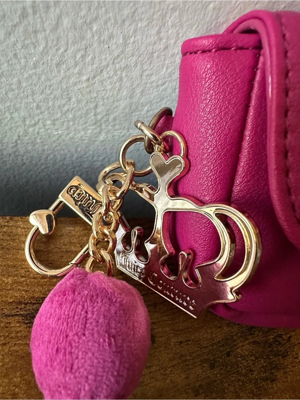 Juicy Couture Hot Pink Mini Coin Purse Keychain Bag Charm w/ Crown, Tassel NWOT
